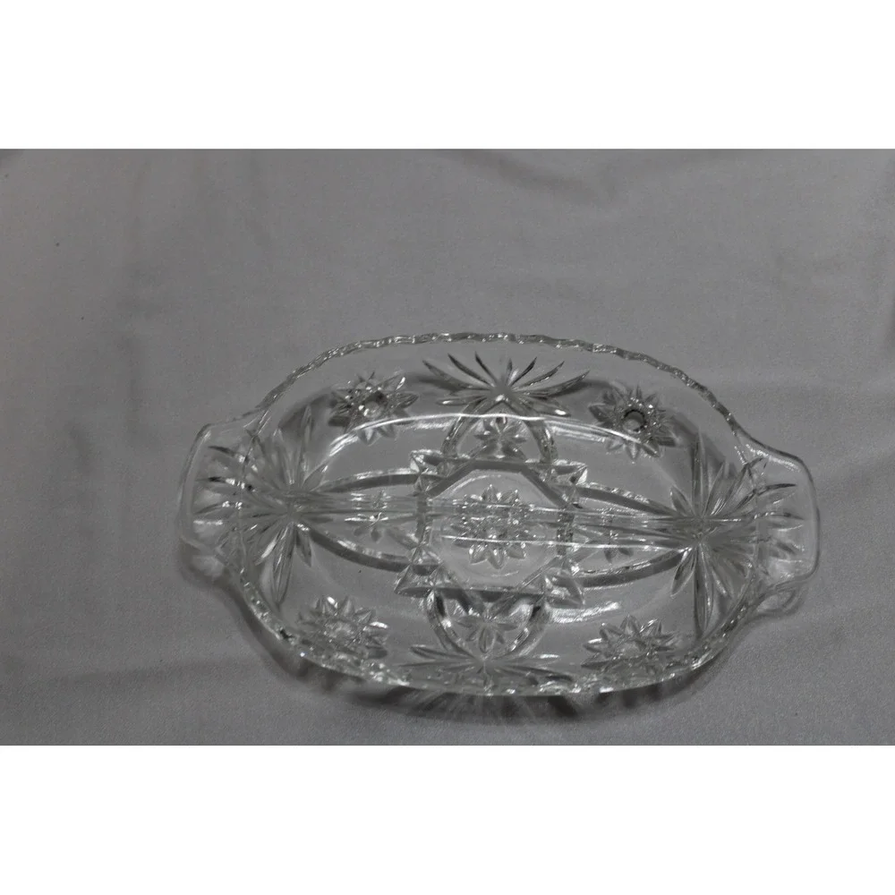 Vintage Clear Pressed Glass Divided Relish Dish Starburst Pattern Oval 9.5 Inch
